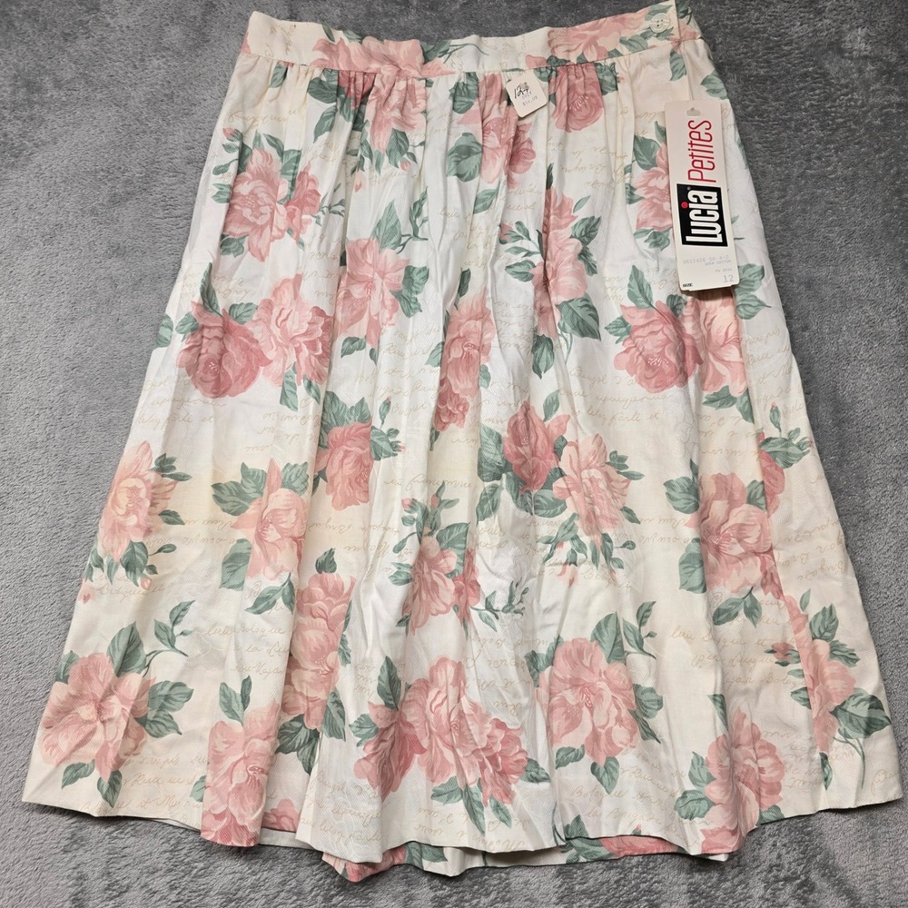 Lucia Petites Vintage Pink Rose Floral Cotton Midi Skirt Size 12 NWT Made in USA